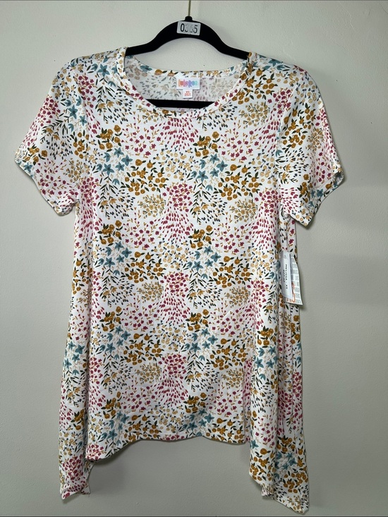 LuLaRoe Tops - LuLaRoe Melissa White Floral Short Sleeve Top with Pink, Teal & Mustard Print